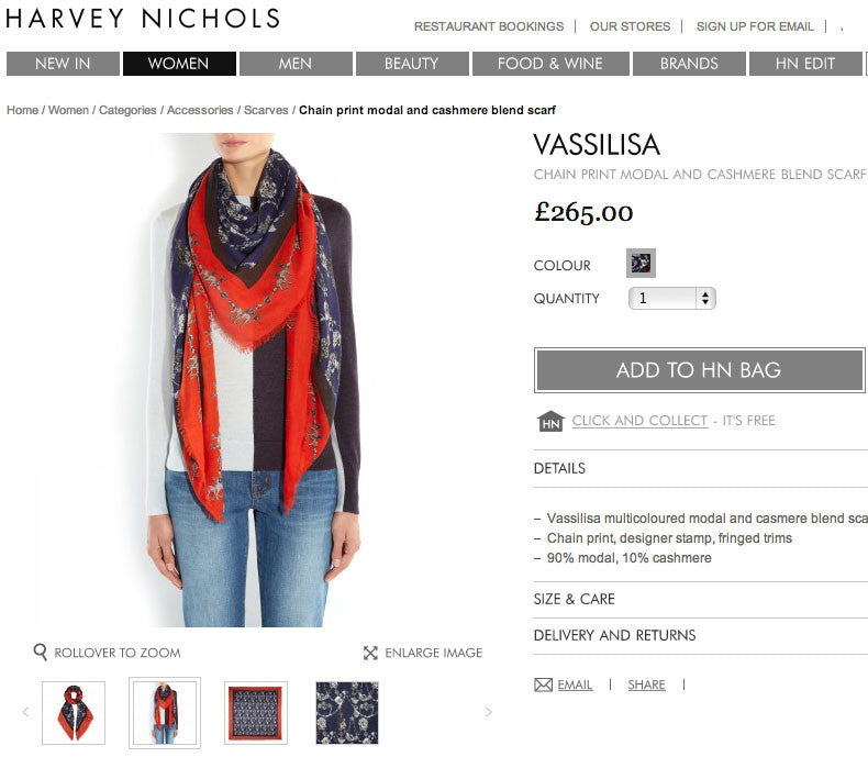 Harvey Nichols scarves by Vassilisa, luxury shawls.