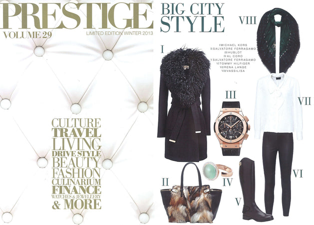 Luxury winter scarves, Vassilisa brand scarf in Prestige Magazine Switzerland
